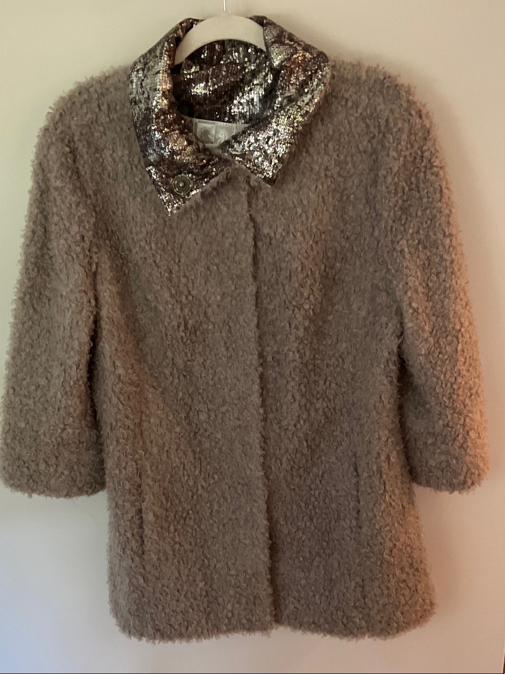 Alberto Makali Taupe Faux Shearling Coat with Sequin Metallic Collar
